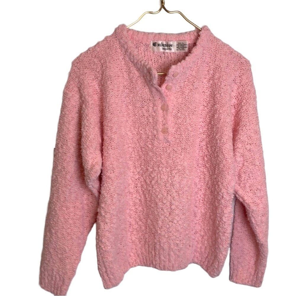 Vintage Pink Henley Textured Knit Sweater Large